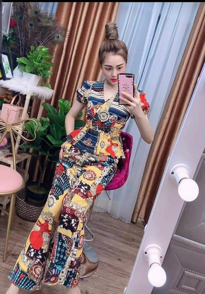 [HCM]Set bộ nữ thổ cẩm quần dài ống rộng áo tay búp cổ V #setbonuquandaitaybupV