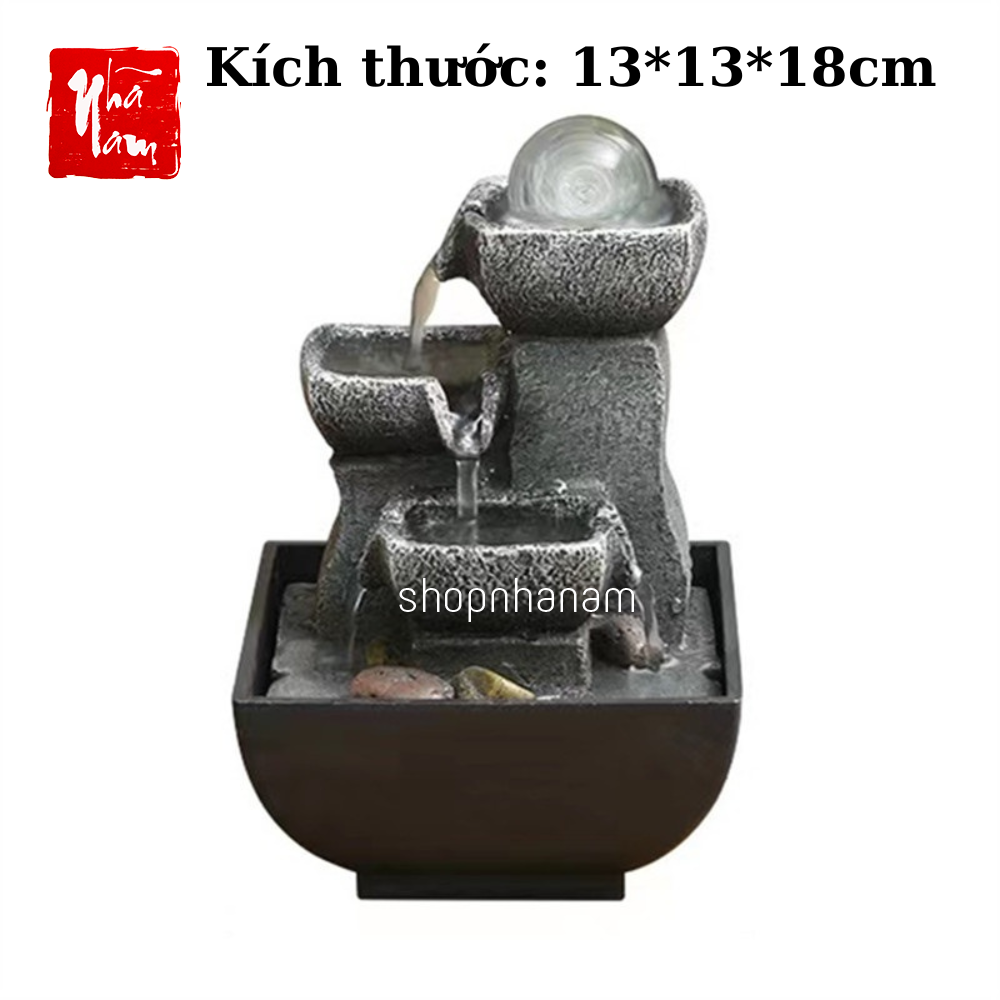 Thác nước phong thuỷ để bàn - cối đá ba tầng tài lộc, tặng kèm máy bơm có đèn - Phong thủy Nhã Nam