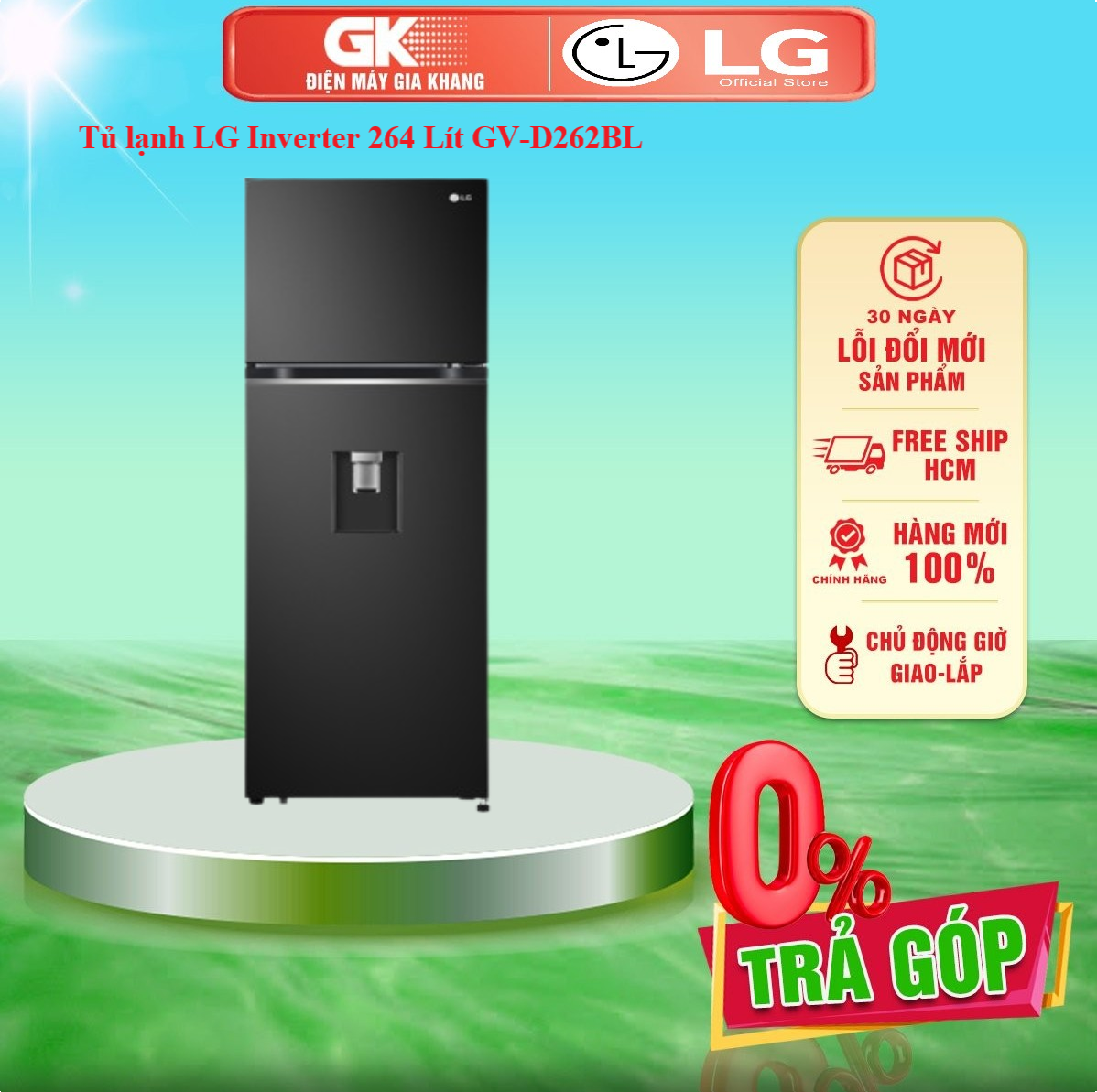 Tủ lạnh lg inverter 264 lít gv-d262bl - giao toàn quốc - freeship hcm