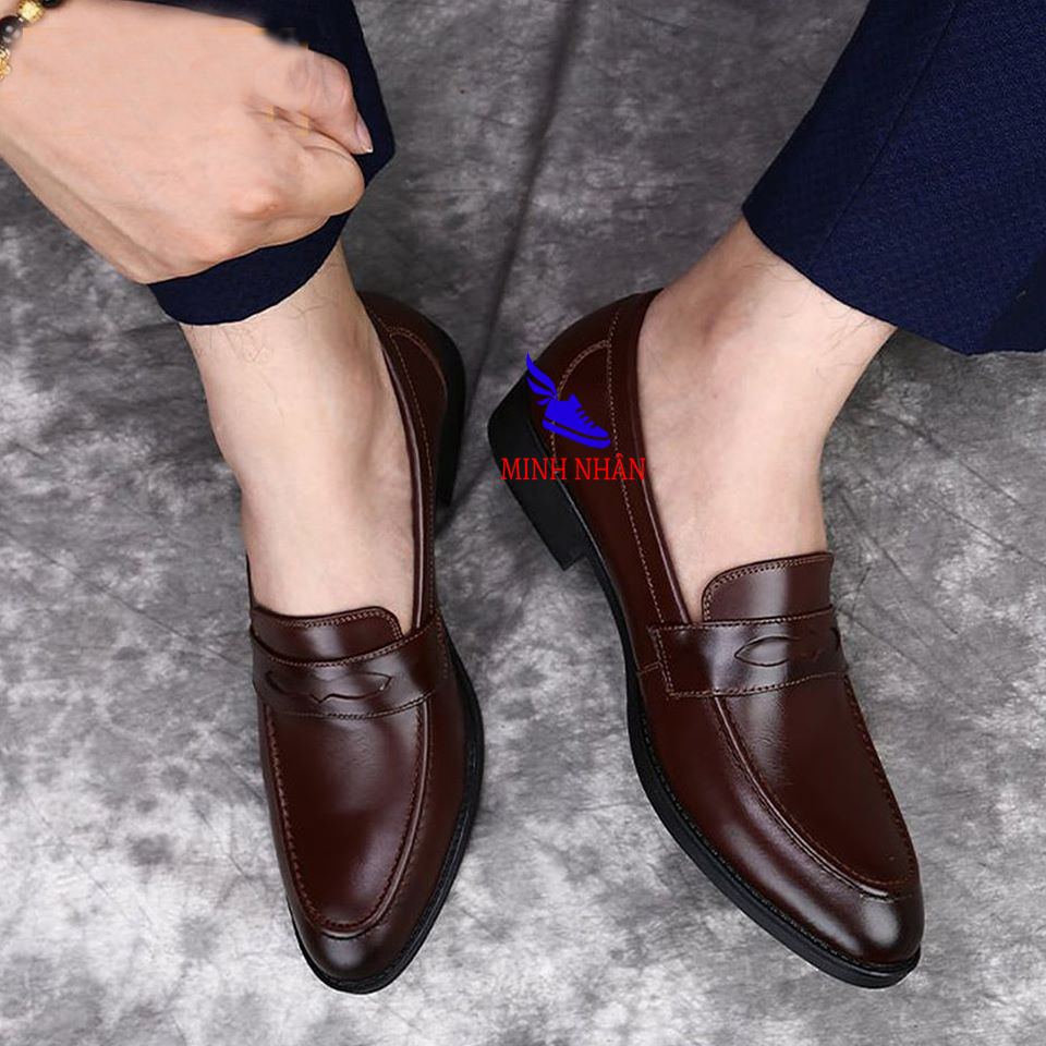 Giày Tây nam da bò Giày lười công sở nam trơn đơn giản da bò Giày Minh Nhân xỏ đi ô nam da bò Penny Loafer kiểu đẹp thời trang Hàn Quốc hàng hiệu giá rẻ D-14 màu nâu