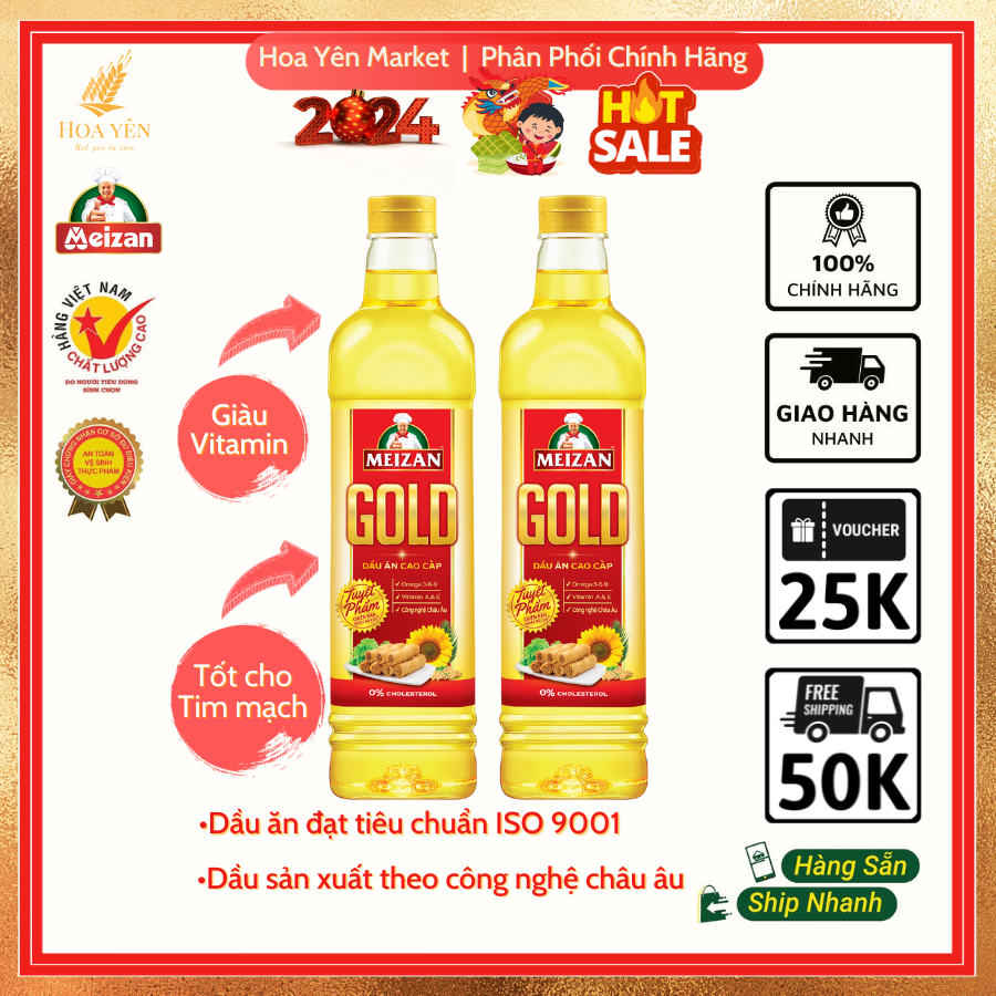 Combo 2 Chai Dầu Ăn Meizan Cao Cấp Chai 1 Lít Hoa Yên Market, Dầu hướng dương, Dầu chất lượng cao, giàu vitamin, tăng cường hương vị cho món ăn