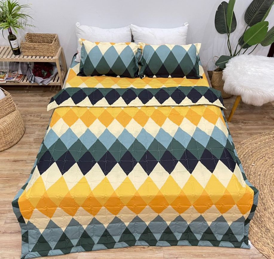 Bộ chăn ga gối cotton poly - kẻ viền vàng tiệm nhà cá