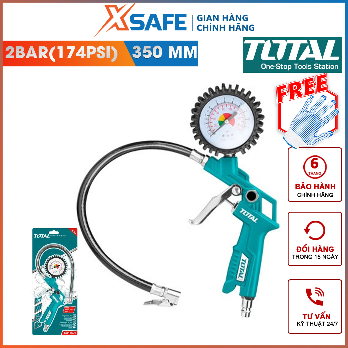Đồng pressure gauge air Total TAT11601 tools inflatable air have clock pressure 12bar(174psi) length 350mm diameter nozzle 63.5mm utensils inflatable automobile, motorcycle, woodwind balance in layer car [xsafe] [XTools]