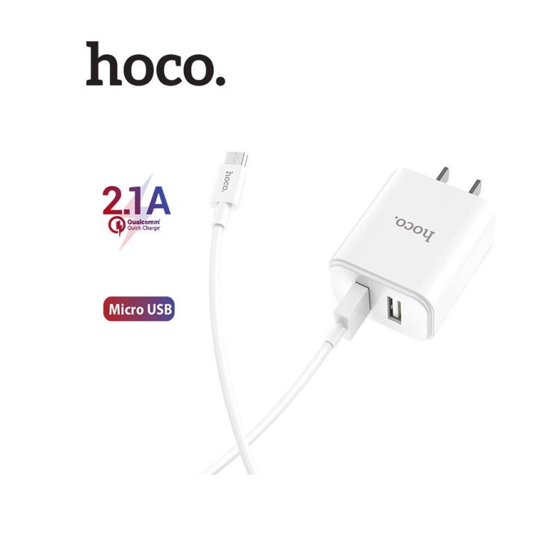 Bộ sạc 2.1A Hoco C62 chuôi dẹt 2 cổng USB kèm dây sạc Micro dài 1M cho Android