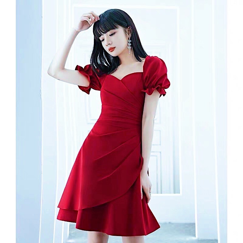 Đầm váy thun vai xếp li eo 3 màu