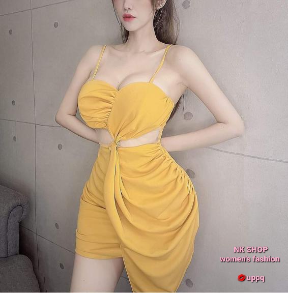 Đầm body 2 dây đắp vạt chéo phối lưới bụng