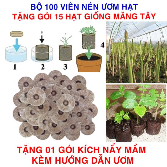 Bộ 100 viên nén ươm hạt (tặng 15 Hạt giống Măng tây xanh + Kích thích nẩy mầm, Hướng dẫn)