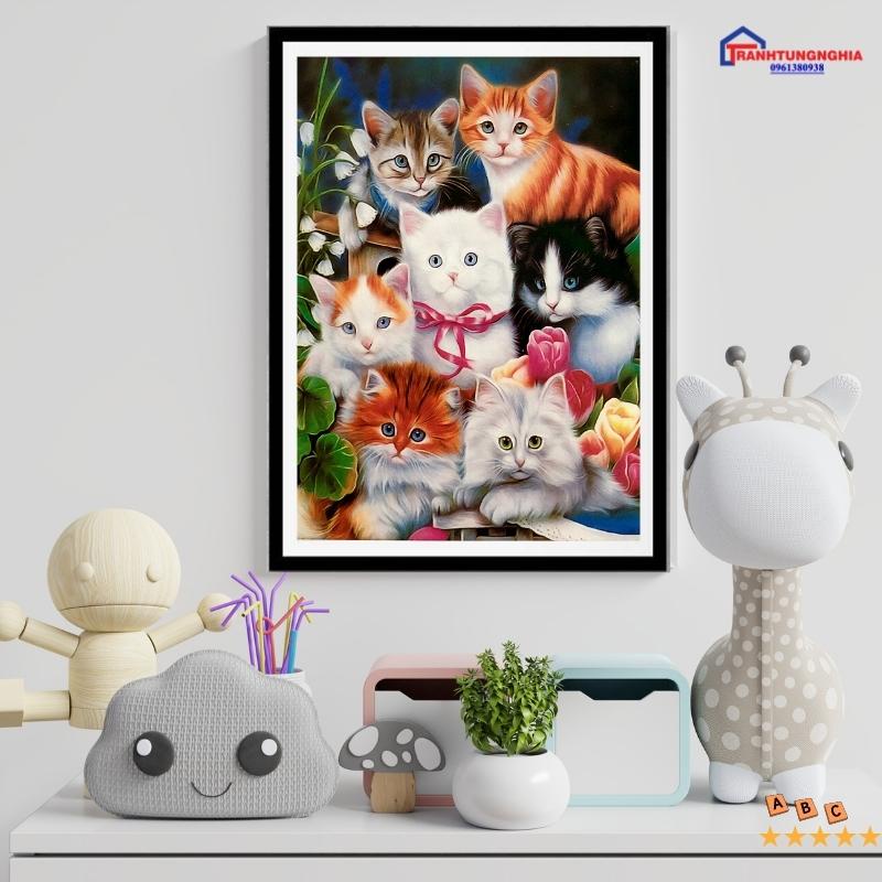 Tranh đính đá đàn mèo dễ thương 64cm x 50cm