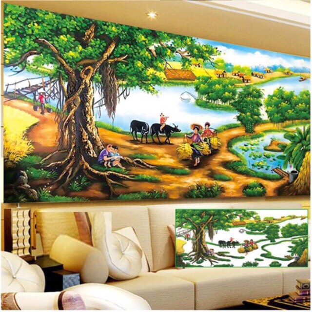 Tranh đính đá Phong Cảnh Làng Quê kt 120x60cm