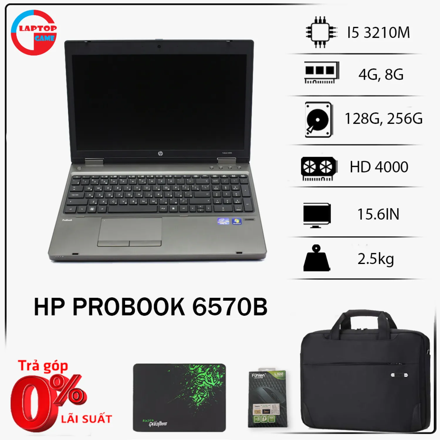 [Trả góp 0%]Laptop chơi game + đồ họa HP 6570B Core i5 3210M Ram 8G SSD 256g Màn 15.6 Phím Số Vỏ Nhôm