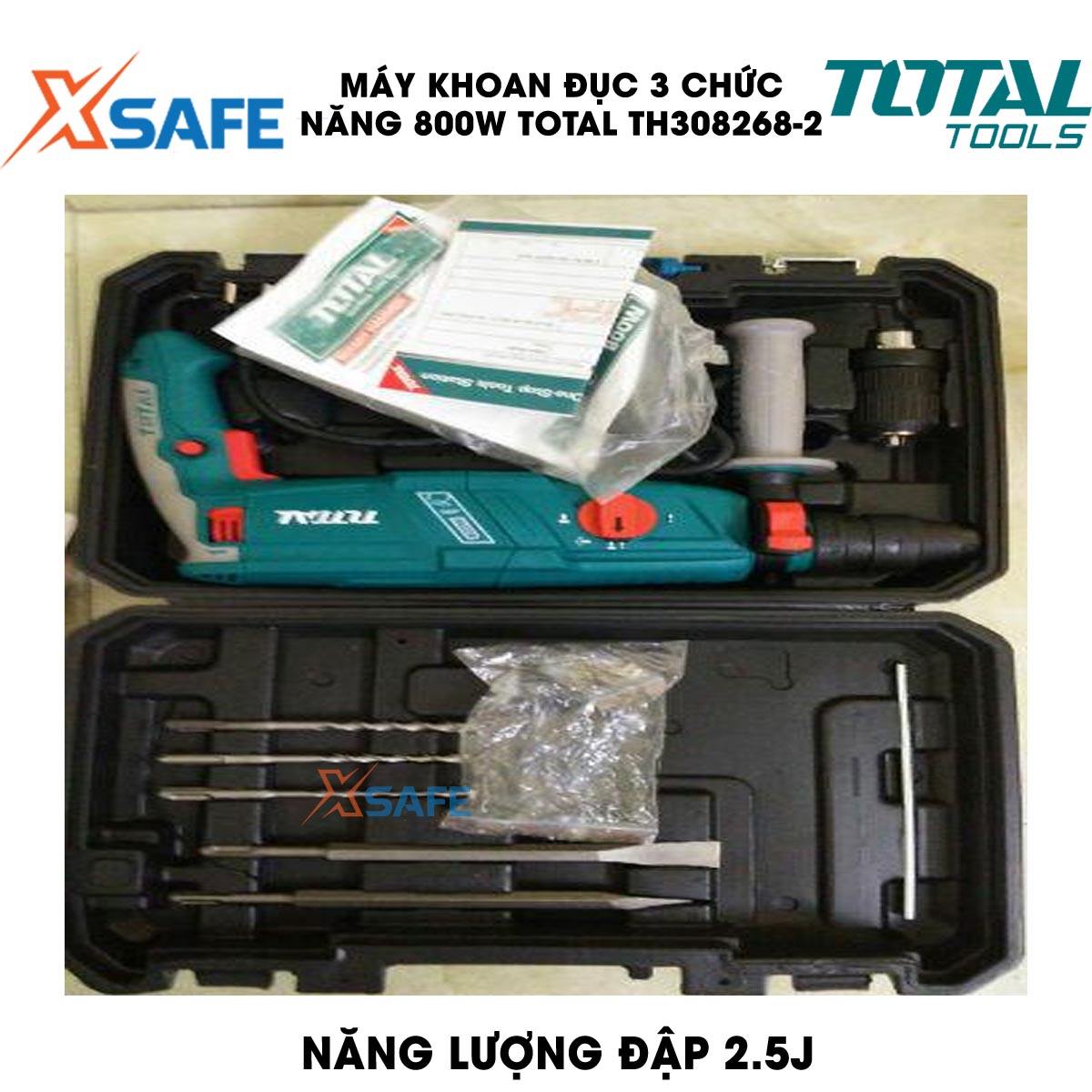 Máy khoan búa cầm tay 3 chức năng 800w Total TH308268-2 đầu gài sds plus, tốc độ 1100rpm, tốc độ búa 4000bpm, lực đập 2.5j, khoan bê tông 26mm, sắt 13mm, gỗ 30mm, kèm 3 mũi khoan bê tông và 2 mũi đục Máy khoan đục