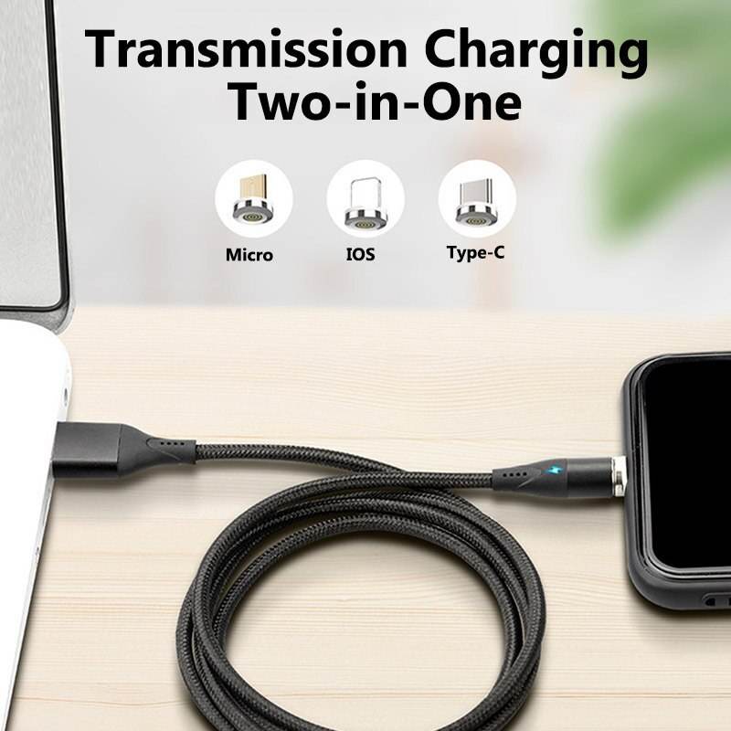Cáp Sạc Nhanh Từ Tính 3A, dây sạc bọc dù bền chống gãy gập đầu nam châm hít mạnh, dây sạc nhanh 3 đầu đa năng xoay 360