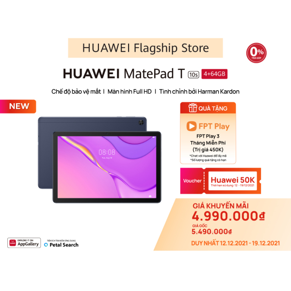 TRẢ GÓP 0% | Máy tính bảng Huawei MatePad T10s (3GB/64GB) | Màn hình Full HD | Chế độ bảo vệ mắt | Tinh chỉnh bởi Harman Kardon