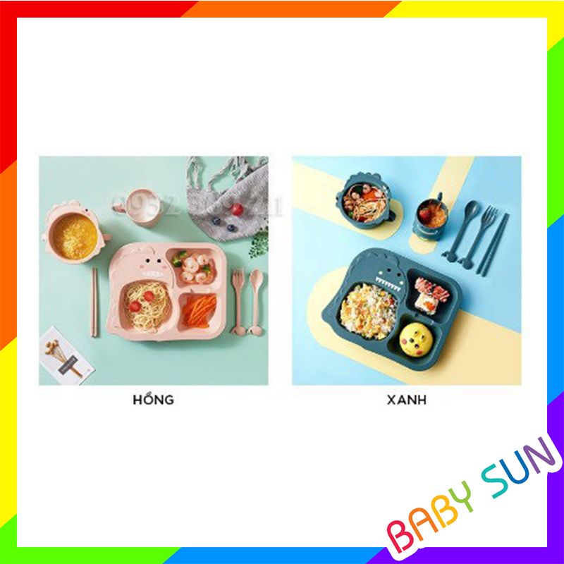 (Tặng thìa, dĩa, đũa) Khay ăn dặm lúa mạch hình Khủng Long cho Bé.