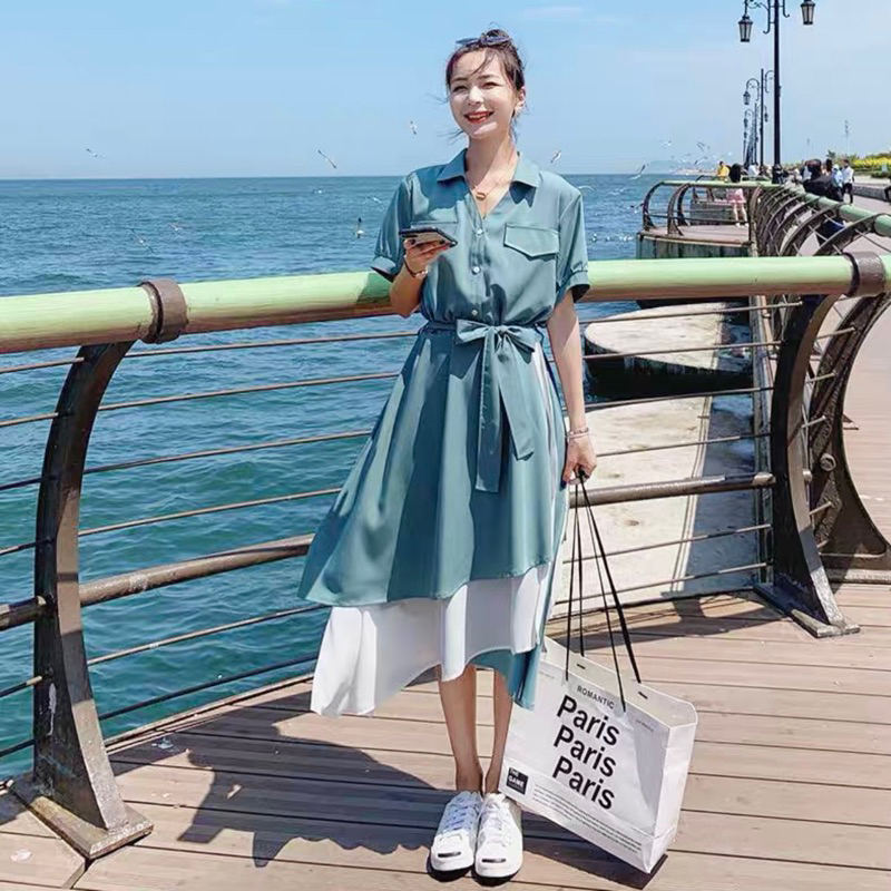 ĐẦM SƠ MI XANH TÚI HỘP PHỐI TRẮNG MS167
