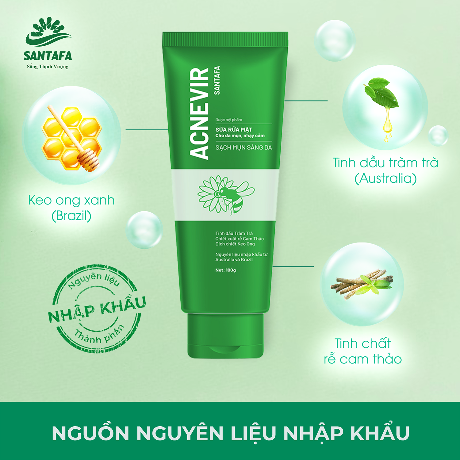 Combo Giảm Mụn Bọc, Mụn Mủ, Mụn Trứng Cá Acnevir Santafa (Sữa Rửa Mặt 100gr Và Tuýp Kem Ngừa Mụn 10gr)