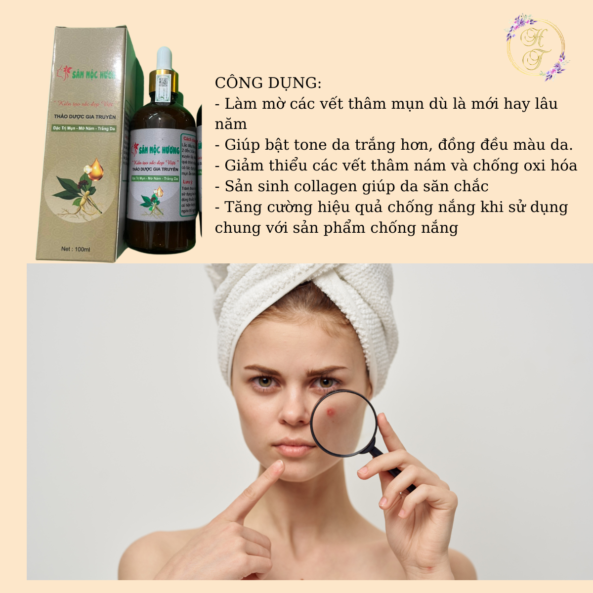 Sản phẩm chăm sóc da mụn SÂM MỘC HƯƠNG CHIẾT XUẤT THẢO DƯỢC TÁI TẠO DA SẠCH MỤN BỌC MỤN CÁM MỜ THÂM NÁM TÀN NHANG NẾP NHĂN GIÚP DA SẠCH MỤN SE KHÍT LỖ CHÂN LÔNG