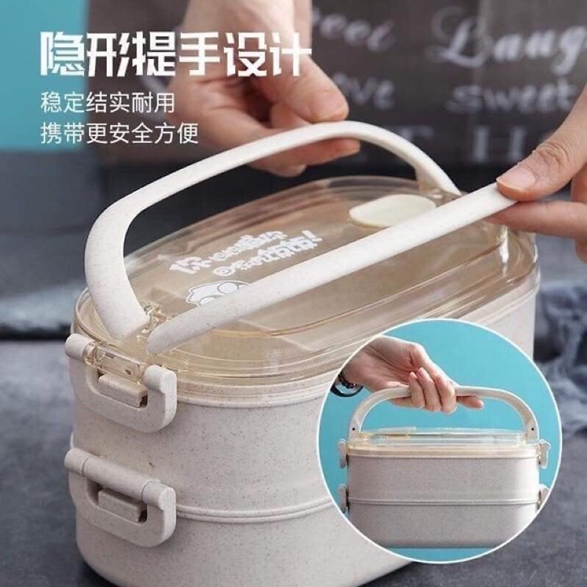 Hộp cơm lúa mạch Lunch Box 2 tầng hình chữ nhật tặng kèm dĩa, thìa cao cấp, hộp cơm văn phòng, hộp đựng cơm ăn trưa 2 tầng, nhiều màu, cà men đựng cơm có khóa chống tràn, dùng được trong lò vi sóng