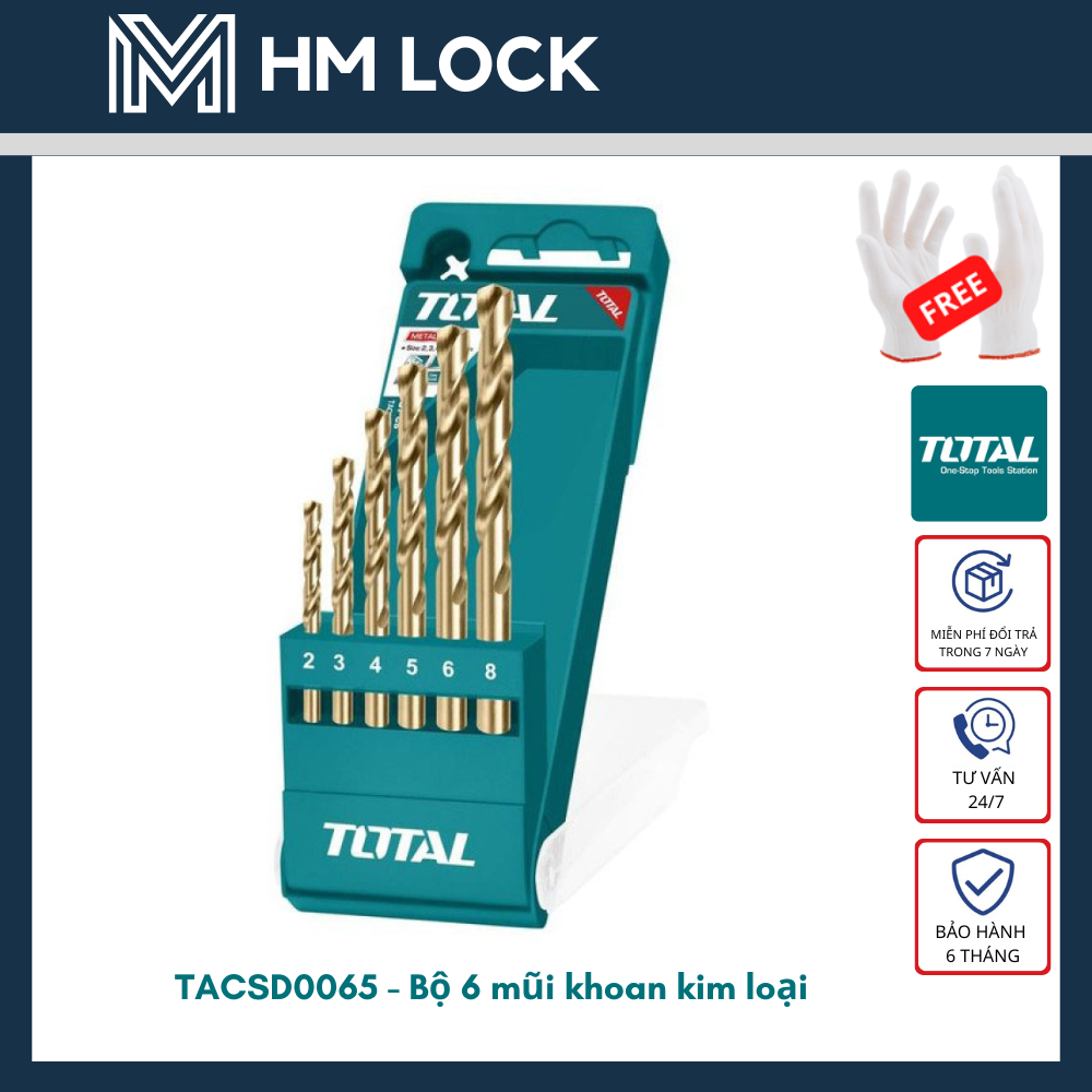 BỘ 6 MŨI KHOAN KIM LOẠI HSS 2,3,4,5,6,8MM TOTAL - LOẠI HỘP ĐỰNG - HÀNG CHÍNH HÃNG - TACSD0065 - HM LOCK