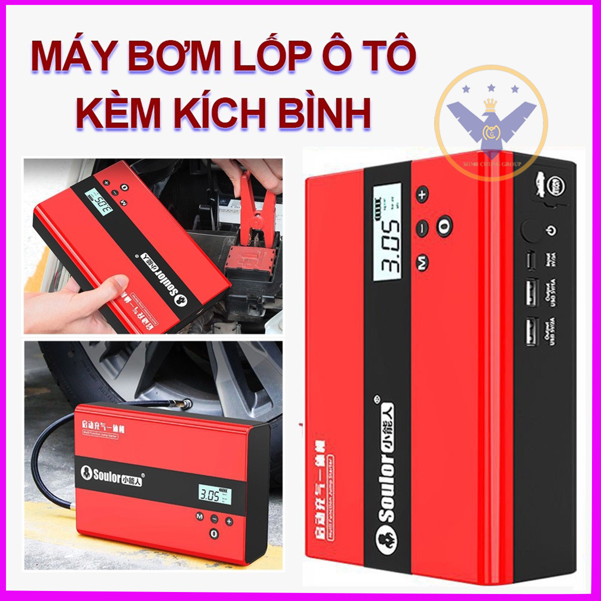 Máy bơm lốp kiêm kích bình ắc quy xe ô tô Soulor - hàng chính hãng