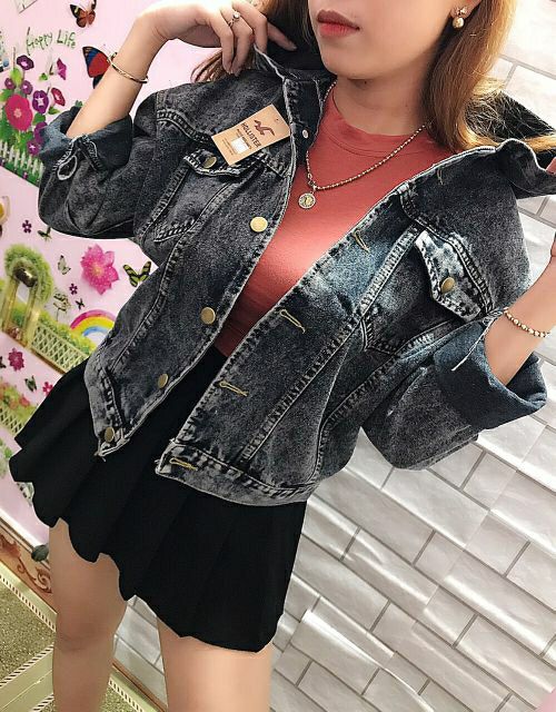 [HCM]Áo khoác jean nữ xám đen có mũ chống nắng thời trang cao cấp dưới 60Kg