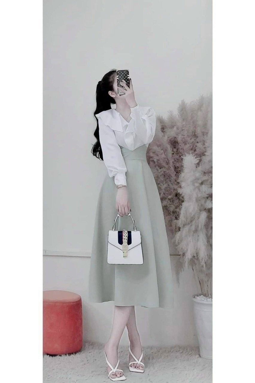 Đầm yếm xòe kèm áo sơ mi-QH #damnu