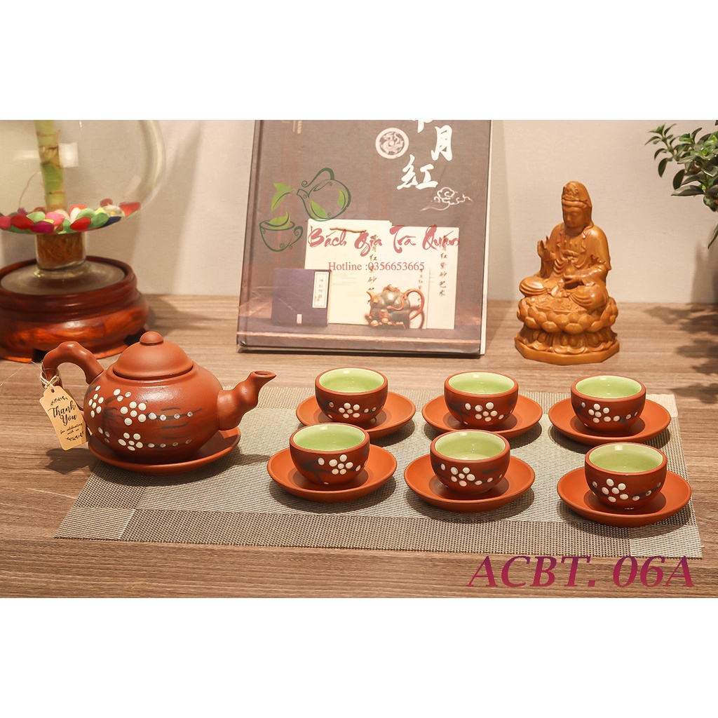 Bộ ấm chén gốm tử sa bát tràng - họa tiết hoa anh đào acbt06