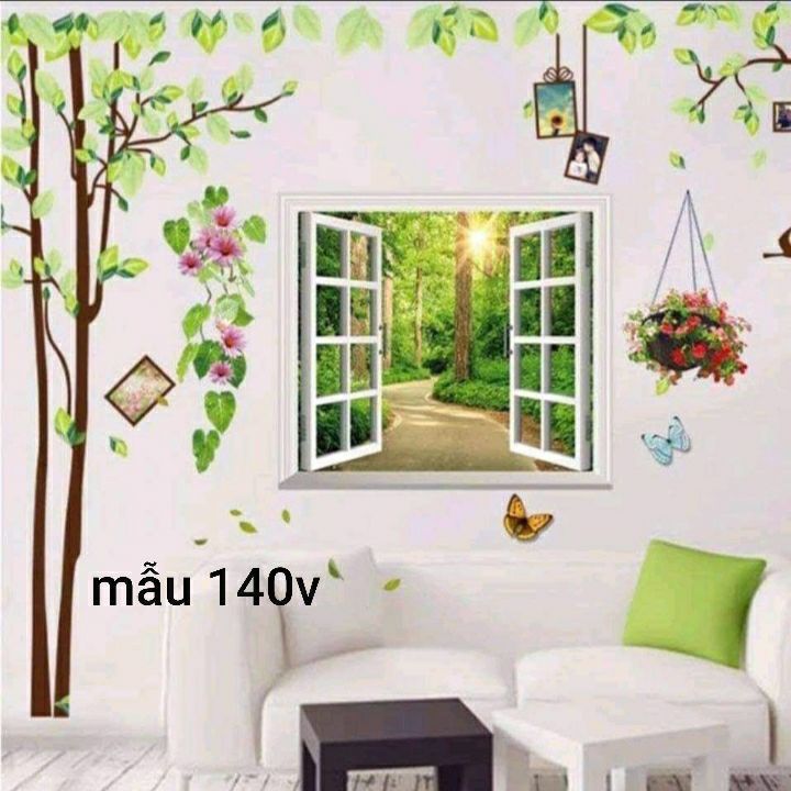 decal dán tường cây khung ảnh cửa sổ xanh 2mx2m