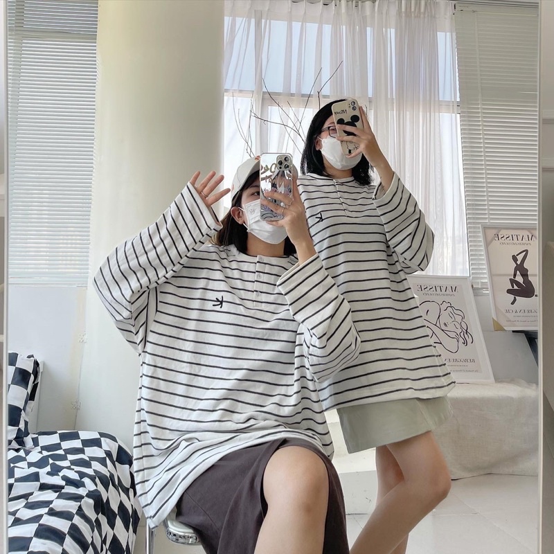 [SW7] KIM- Áo nỉ kẻ trắng đen - Striped Sweater