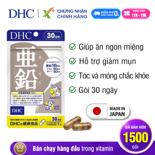 Viên uống kẽm DHC Nhật Bản thực phẩm chức năng Zinc giúp ăn ngon miệng,  giảm mụn, dưỡng tóc và móng khỏe, hỗ trợ sinh lý nam 30 ngày XP-DHC-ZIN30 nhập khẩu