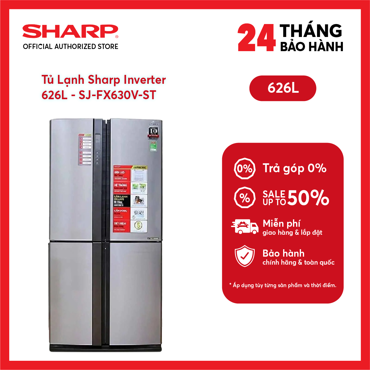 [MODEL 2026][FreeSHIP COD + Lắp Hà Nội] Tủ Lạnh Sharp Inverter 572 lít SJ-FX650V-SL