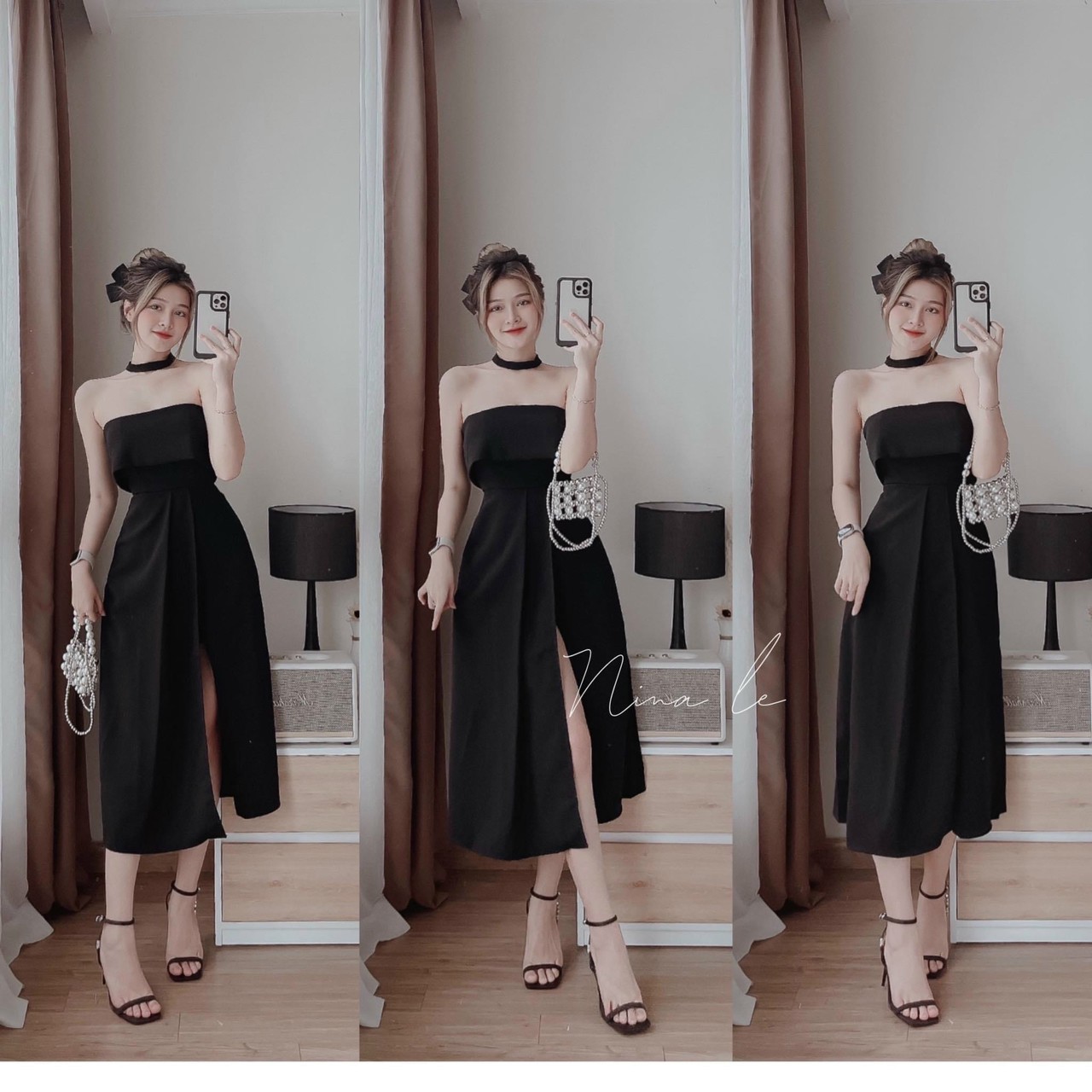 Váy đầm nữ cúp ngực (có mút) xếp ly eo xẻ tà (có lót quần, kèm vòng cổ) cực đẹp
