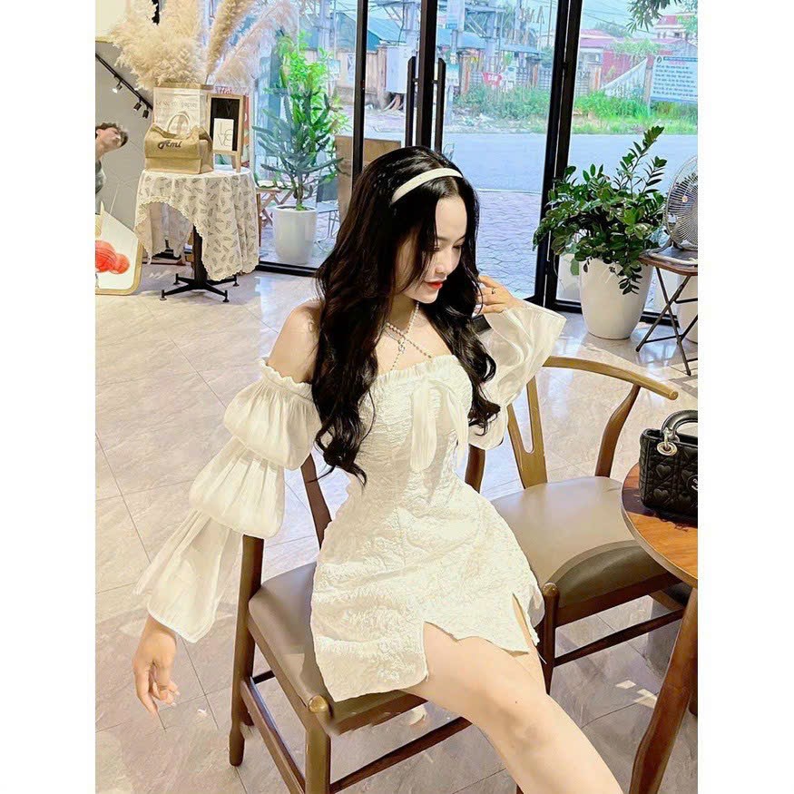 Đầm Gấm Dây Cườm Phối Voan Dài Tay