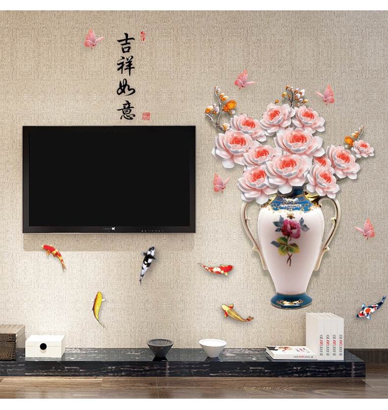 Tranh decal 3D dán tường Bình hoa mẫu đơn