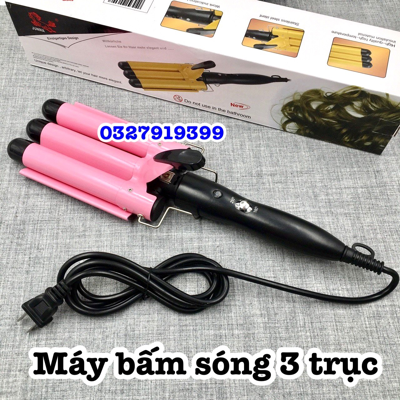 Máy uốn tóc 3 trục HE-19, bấm sóng hippie, chiều dài 25mm, công suất 98W, nhiệt độ 180-210°C, thiết kế 3 ống tạo sóng, ceramic trơn, dễ dàng điều chỉnh nhiệt độ, lý tưởng cho kiểu tóc xoăn lượn sóng.