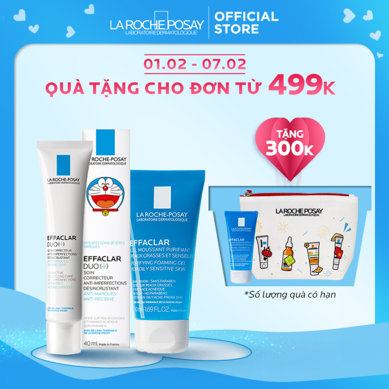 Bộ Kem dưỡng giảm mụn thông thoáng lỗ chân lông và ngừa thâm La Roche Posay Effaclar Duo+ 40ml phiên bản giới hạn Doraemon và Gel rửa mặt dành cho da dầu mụn Effaclar gel 50ml giá rẻ
