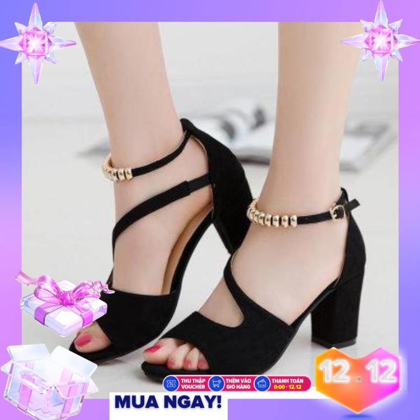 Giày cao gót vuông 7p quai chéo hỡ mũi vòng cổ hột vuông chất liệu da lộn cao cấp thiết kế sang trọng đẹp mắt giá rẻ