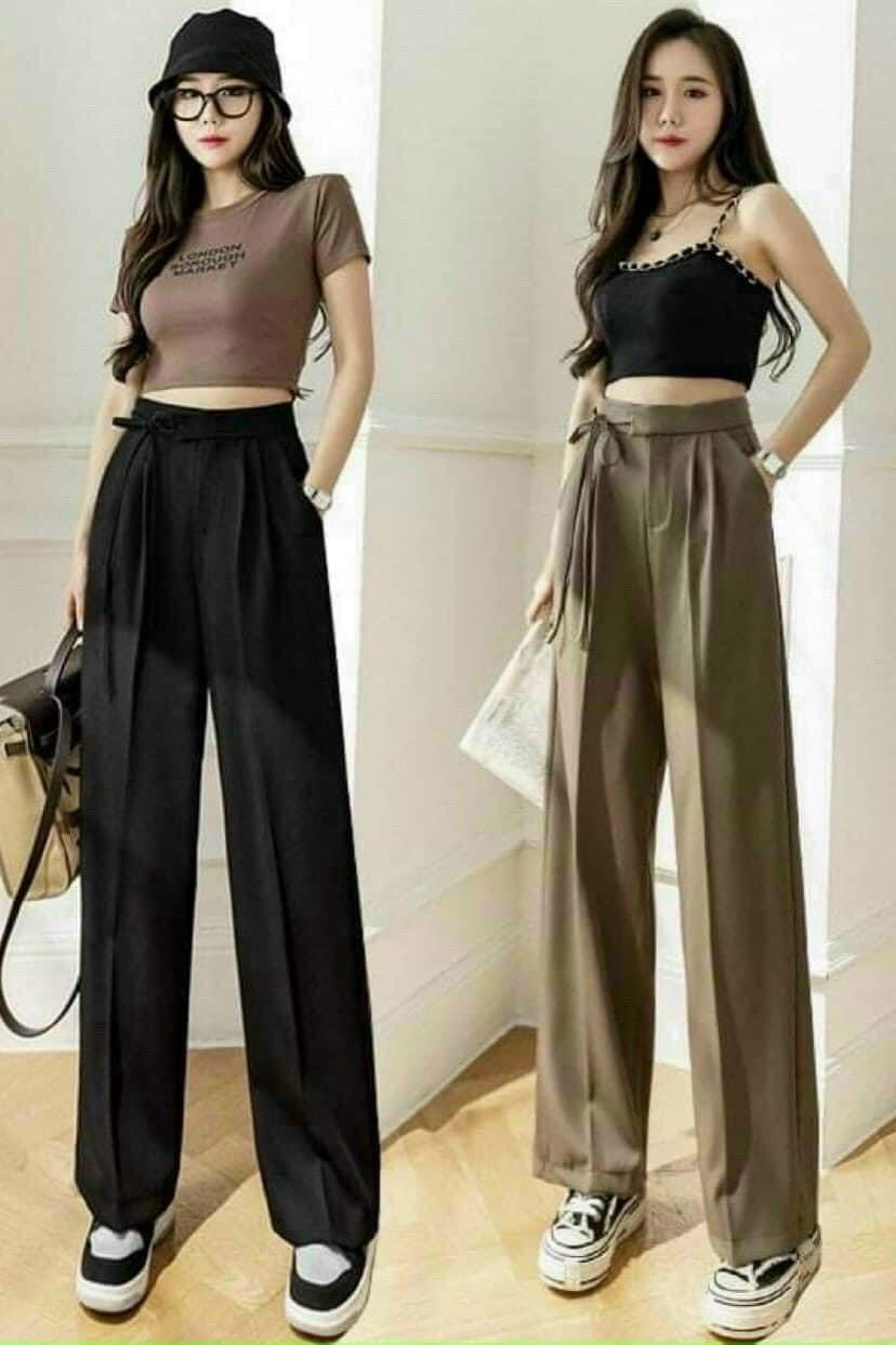 Quần ống rộng nữ lưng cao thắt dây nơ 1 bên quần culottes ống suông công sở dáng dài nhiều màu mặc đi học làm