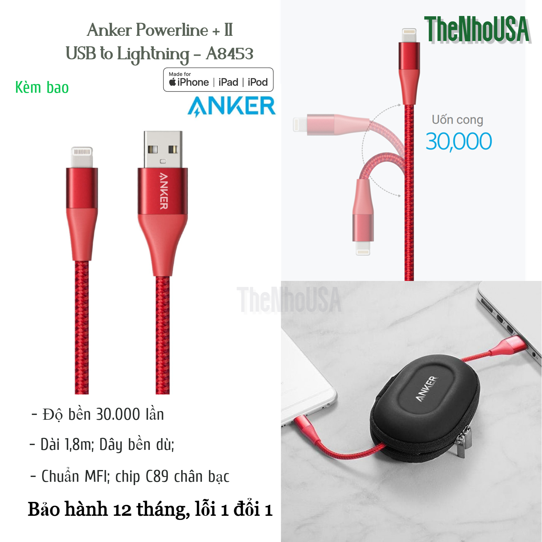 Cáp sạc nhanh Anker Powerline + II USB to Lightning – A8453 [BH 12T]