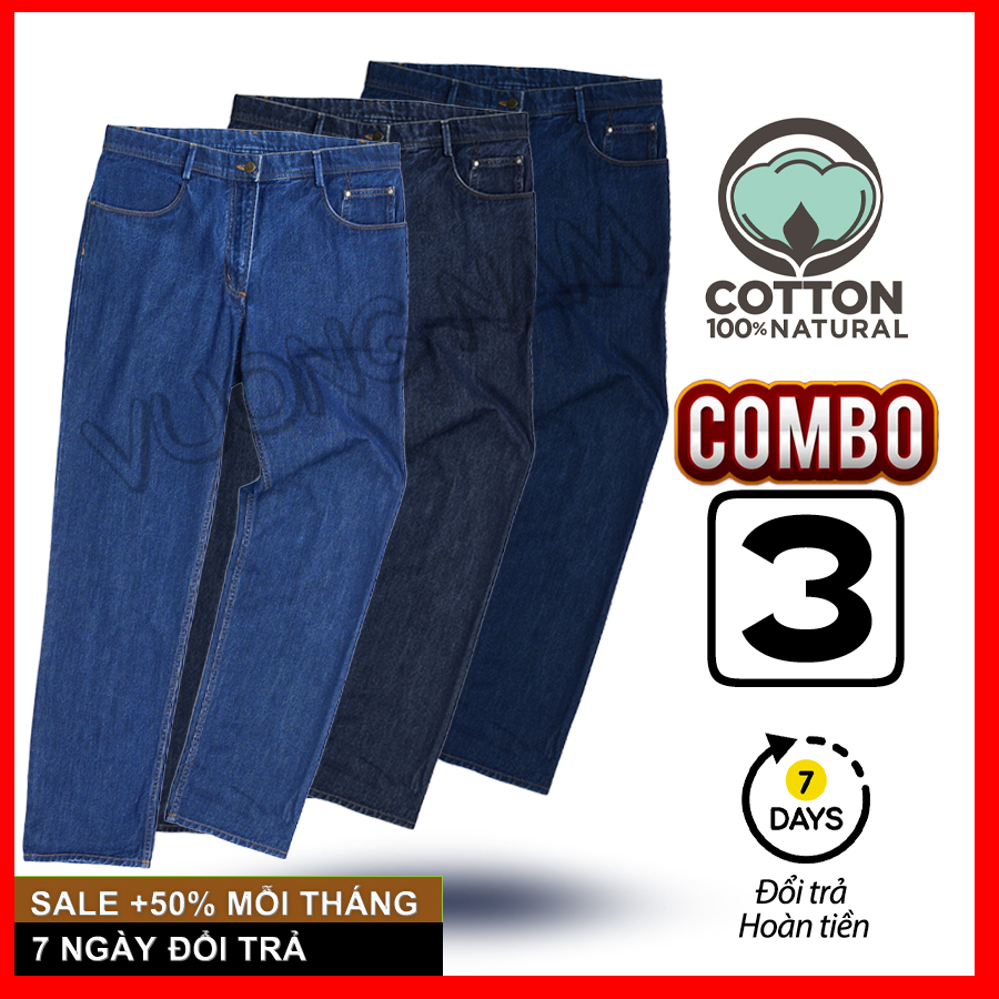 Quần jean nam chất bò 3 cái trơn đẹp ống suông trung niên big size