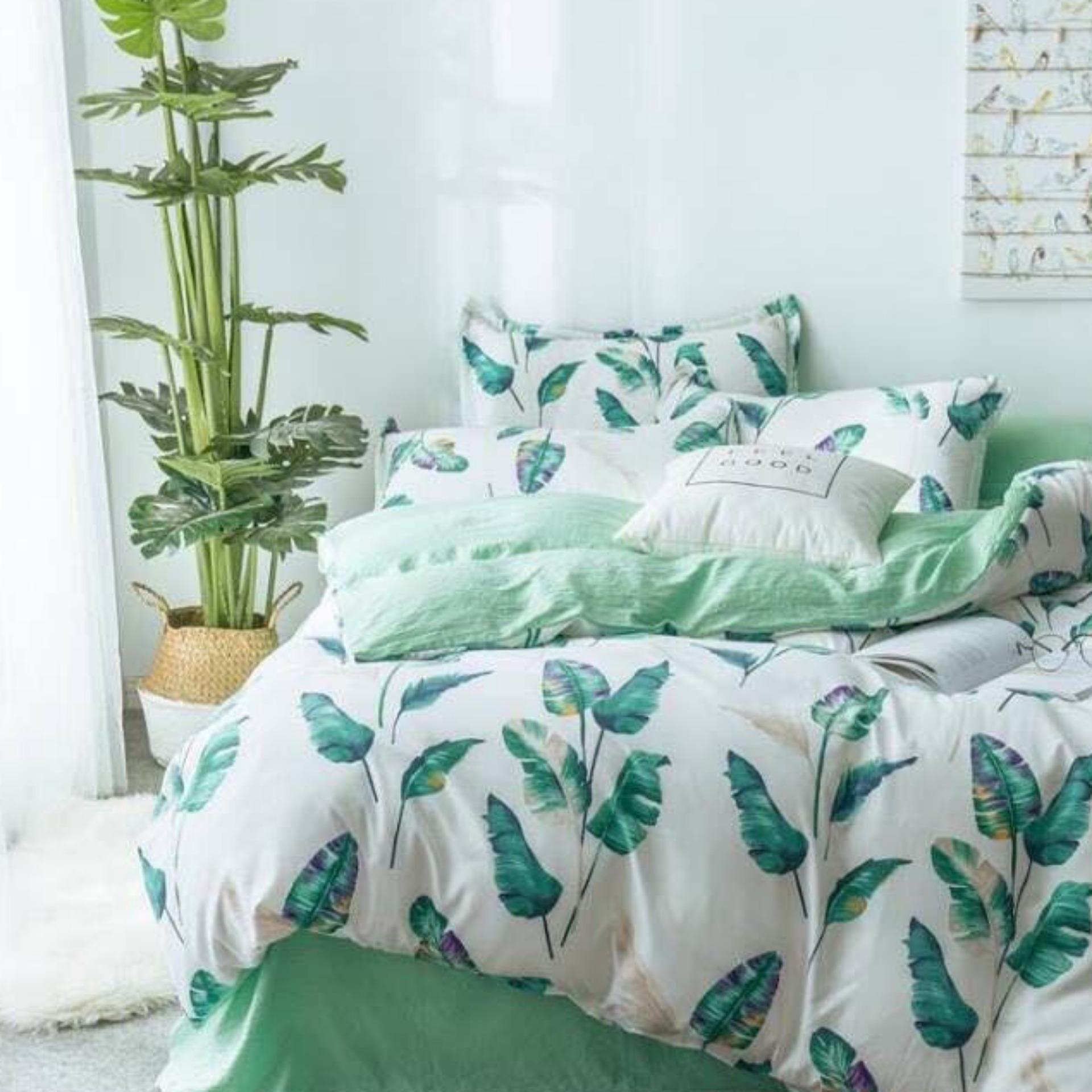 Bộ chăn ga gối đũi nhập lá xanh mới