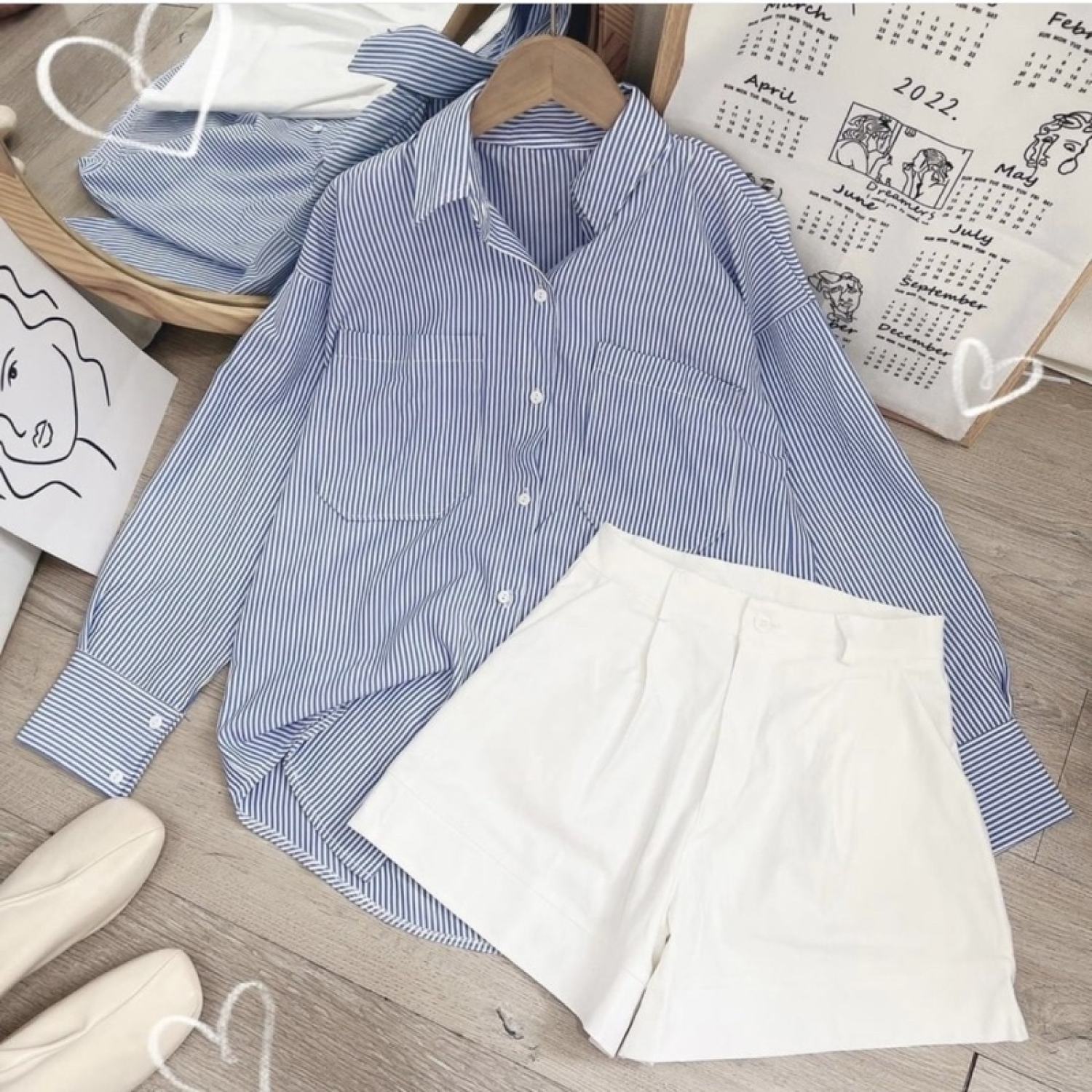 set áo sơ mi sọc kèm quần short có size (tặng kèm áo dây đen)