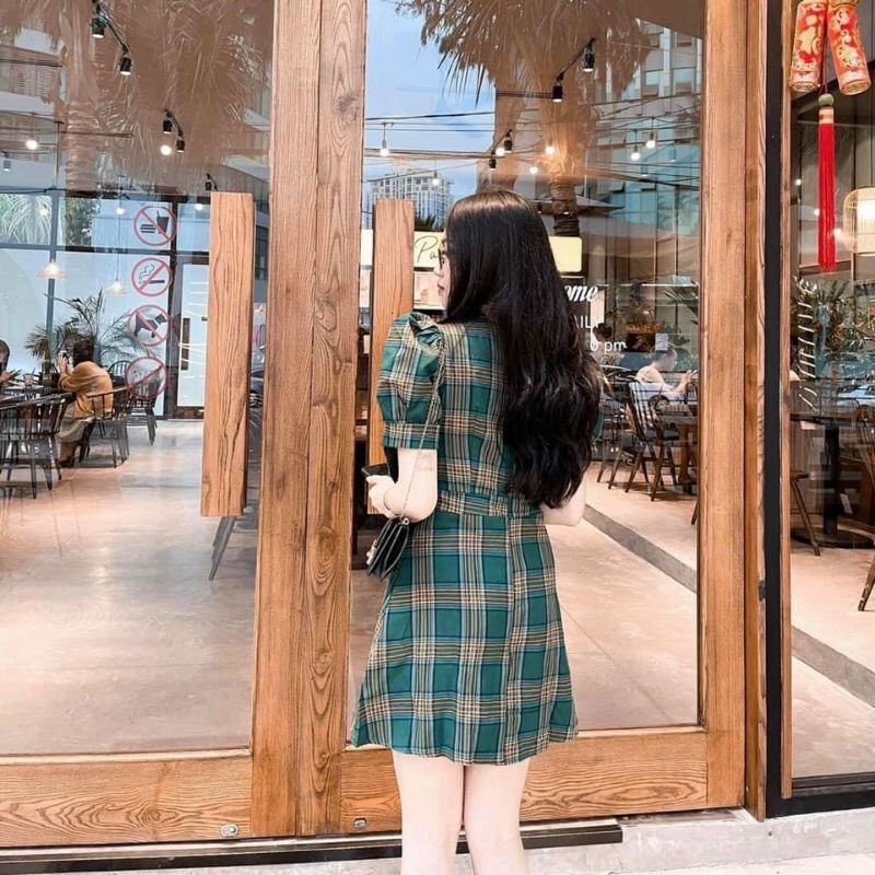 Đầm caro cổ vuông nơ ngực + Ảnh thật