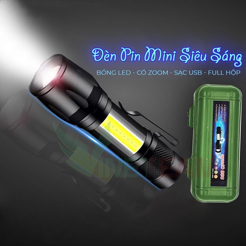 Đèn pin mini siêu sáng có Zoom xa gần, 3 chế độ sáng có móc treo tiện lợi, đèn pin cầm tay mini, đèn bin sạc đa năng cao cấp tặng kèm hộp đựng