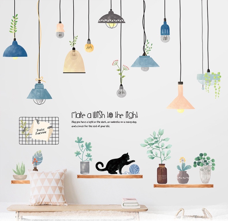 Decal dán tường mèo nghịch cuộn len và dây đèn - P58 - Vivadecal