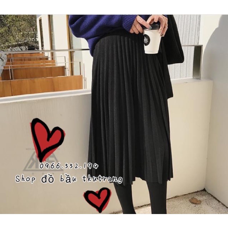 Chân Váy Bầu Midi Xếp Ly Lụa Gân
