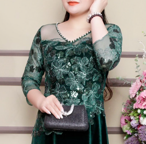 [ XẢ HÀNG GIÁ GỐC ] ĐẦM NHUNG PHỐI REN KIM XA CAO CẤP - CMB11