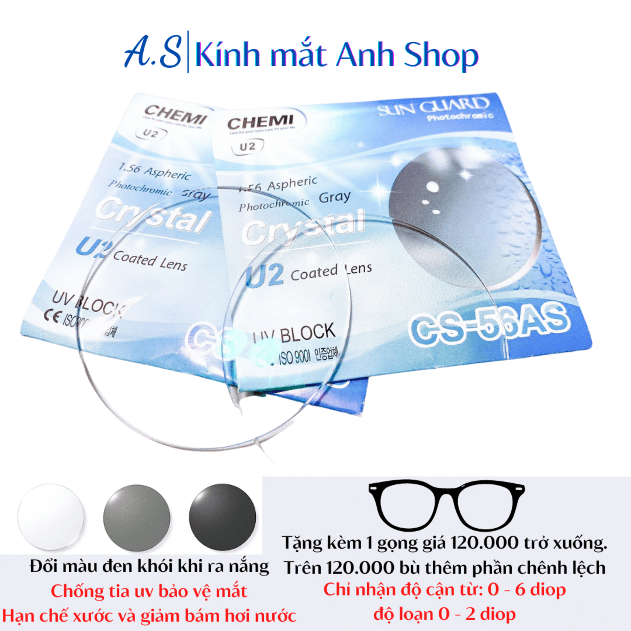 [3-5/8 Hoàn Tiền 25%] Tròng kính đổi màu hỗ trợ tặng gọng 120.000 trở xuống