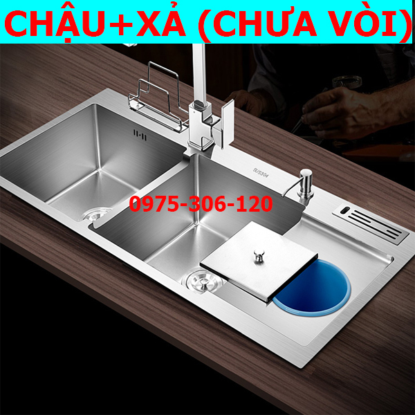 CHẬU ĐÚC DÀY ĐẸP Chậu Rửa Chén Bát INOX SUS 304 N3 10048 NA.GRAND và Bộ Xả Chậu thoát nước XẢ TO 2 LỚP bồn rửa chén inox