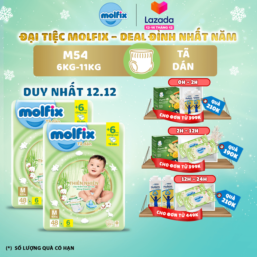 [Đơn 399K Tặng 2 miếng tã quần size L ]  Tã/bỉm dán Molfix Thiên nhiên Jumbo M (6kg - 11kg) - Gói 48+6 miếng